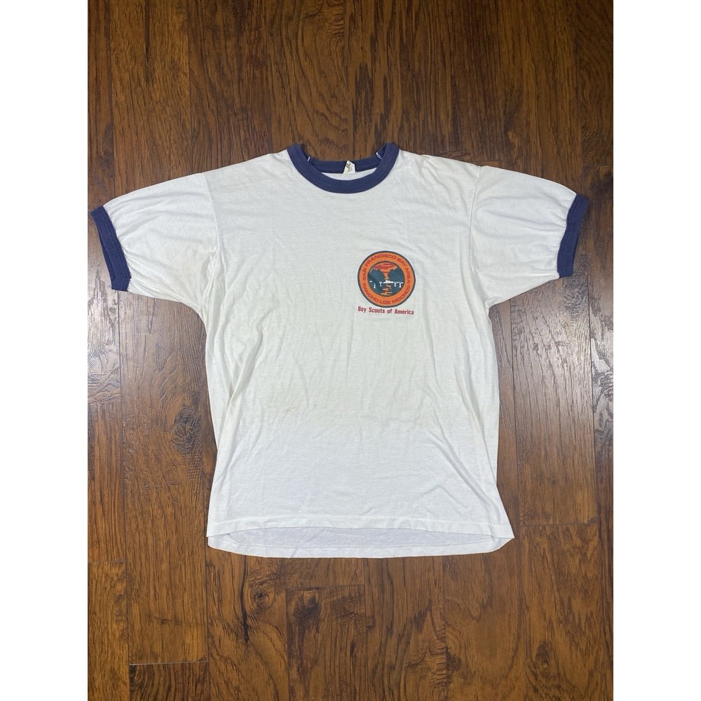 Vintage Boy Scout of America Ringer Tee SF Bay Area Rancho Los Mochos White Navy